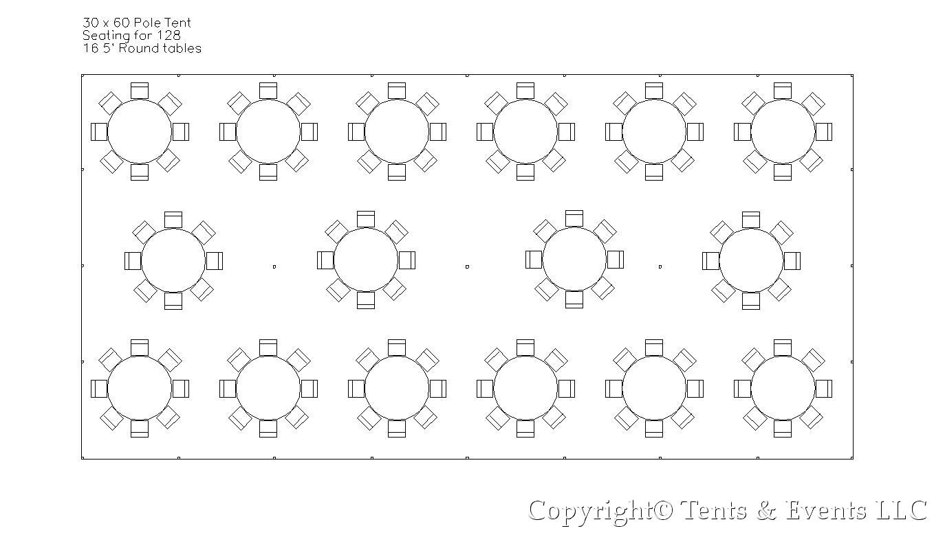 128 Guest – 30×60 Pole Tent – Round Tables